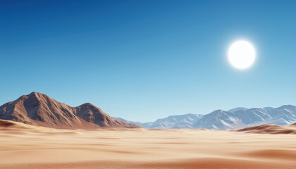 A vast desert landscape under a clear blue sky, with a bright sun shining over distant mountains and endless sandy dunes.