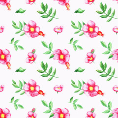 Seamless pattern with rose hips berries and flowers on white background. Perfect for wallpaper, gift paper, pattern fill, summer greeting cards