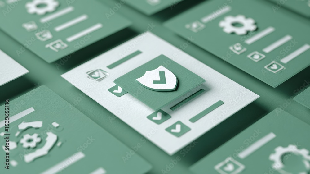 Poster security checklist featuring paper cutout style and layered technology symbols for enhancing digital
