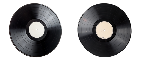 A black vinyl record with a red center label on a black background showing grooves and texture detail
