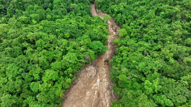 Bird&rsquo;s eye aerial view captures a large landslide on a lush hillside, illustrating the impact of global warming and intensified rainfall on destabilizing mountain ecosystems and causing soil loss.
