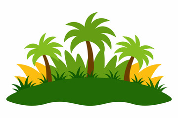 Cartoon tropical island with palm trees and lush greenery