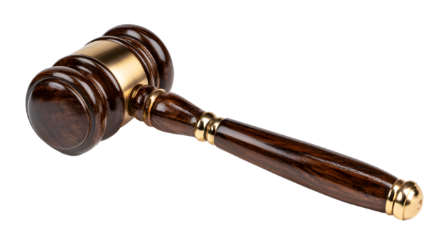 Wooden Judge’s Gavel with Golden Details Representing Justice and Law