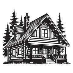 Naklejka premium Log Cabin House Silhouette Clipart with Mountain Scene Vector for Forest Camping Sublimation Design