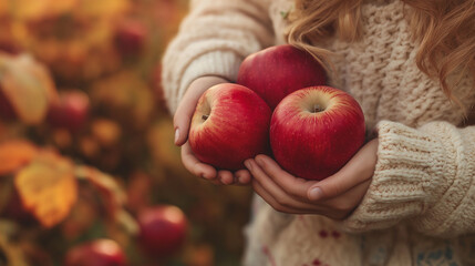 Child holding red apples in hands during autumn harvest