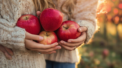 Girl holding fresh red apples in autumn orchard