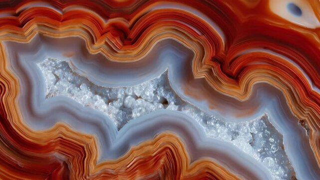 Captivating Abstract Agate Geode Showing Intricate Layers of Vibrant Orange and Red with Sparkling Crystals