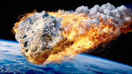 A comet, an asteroid, a meteorite falls to the ground against a starry sky. Attack of the meteorite. Meteor Rain. Kameta tail. End of the world. Astranomy.	