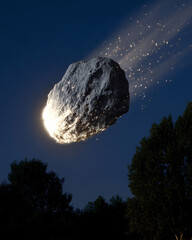 A comet, an asteroid, a meteorite falls to the ground against a starry sky. Attack of the meteorite. Meteor Rain. Kameta tail. End of the world. Astranomy.	