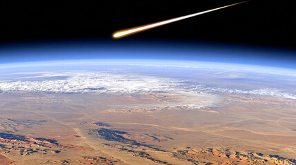 A comet, an asteroid, a meteorite falls to the ground against a starry sky. Attack of the meteorite. Meteor Rain. Kameta tail. End of the world. Astranomy.	