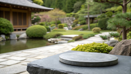 Serene Japanese Garden Featuring Stone Platform Smooth Stones Pond Pagoda Trees Bushes Perfect as Background