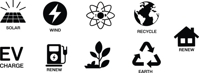 Sustainable Energy Icons: Solar, Wind, EV, Recycle, Earth, and Green Living Symbols for Eco-Friendly Design