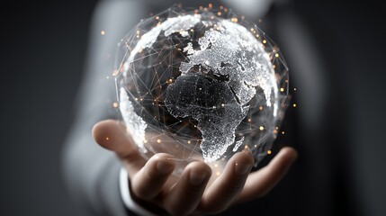 Business professional holding digital globe, global technology growth visualization with clean corporate aesthetic and layout
