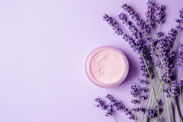 Pink powder in a jar, lavender sprigs
