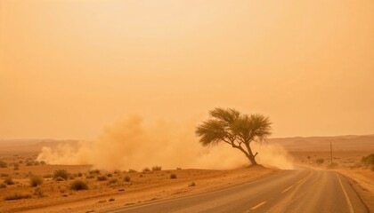 Lone tree beside winding road in desert landscape during sunset  