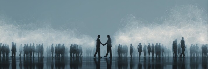 Diverse group handshake with abstract connections, wide banner layout for teamwork concepts