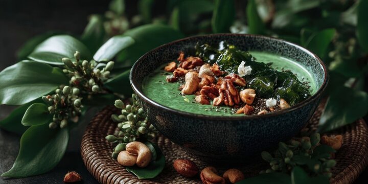 Organic Seaweed Green Smoothie with Nuts in Stylish Bowl - Healthy Superfood Drink