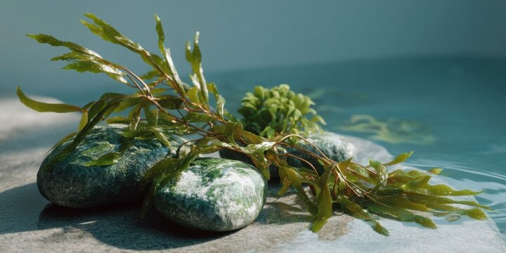 Organic Seaweed Protein Boost with Spa Stones and Plant on Smooth Surface