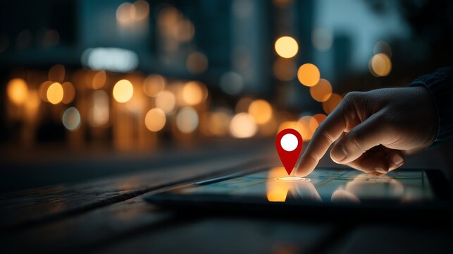 GPS location pin on mobile interface, blended image of businessman using tablet at night with laptop workspace overlay