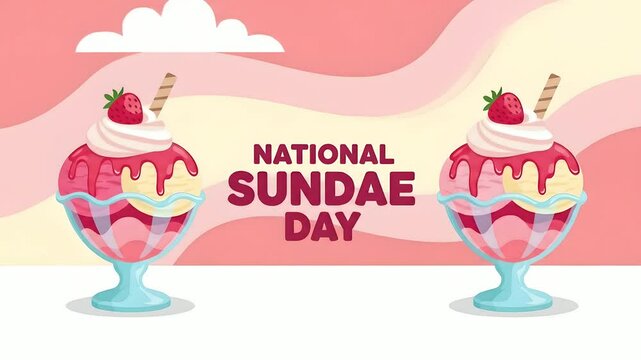 Celebrate National Sundae Day! Ice cream sundae treats with strawberry and waffle garnish. Perfect for dessert menus, food blogs, or holiday promotions. Animation.
