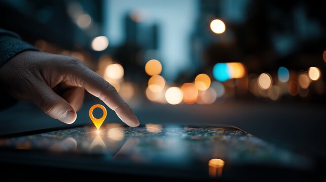 GPS location pin on mobile interface, blended image of businessman using tablet at night with laptop workspace overlay