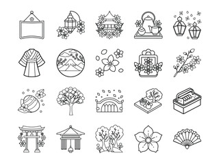 Obraz premium Collection of Japanese Line Art Icons Cherry Blossoms Mount Fuji Tea Set Kimono Torii Gate Lantern Fan