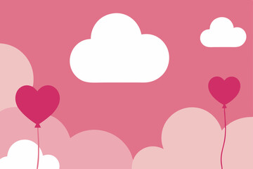 Romantic Pink Sky Heart Balloons and Clouds - Valentine's Day Illustration
