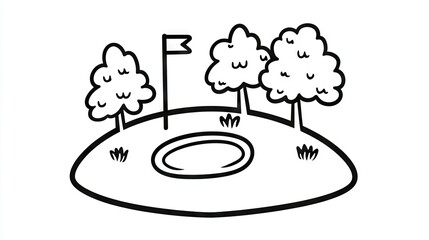 Simple outline drawing of a small hill with trees and a pond.