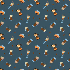 Coffee Drinks Pixel Art Seamless Pattern. Design for fabric, textile, wallpaper, packaging