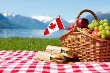 A picnic blanket lies on green grass by a calm lake with snow-capped mountains in the background.