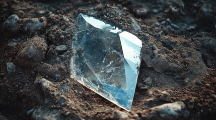 Mirror fragment in dirt with reflective shard earth background and surreal mood perfect for abstract or emotional visuals