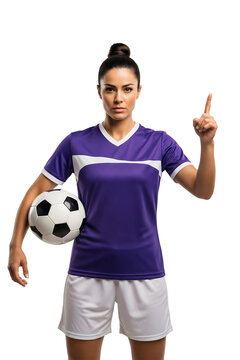 Female Soccer Player Holding Ball, Points Up - Transparent Background