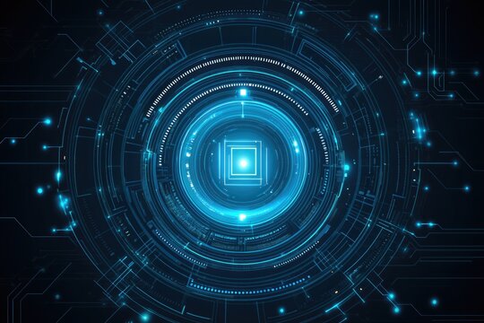 Circular, glowing, techno graphic design with concentric rings