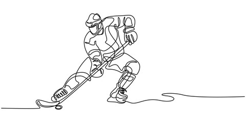 Ice Hockey player continuous one line drawing, One continuous single drawing line art doodle sport, hockey, people, ice, skate, athlete, puck. Isolated flat illustration hand draw contour on a white