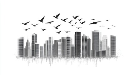 Monochrome cityscape with soaring birds.