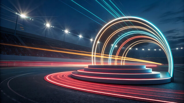 Spectacular Stadium Stage with Neon Arches and Light Trails at Night for Events