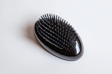 Oval-shaped black hairbrush with fine bristles.
