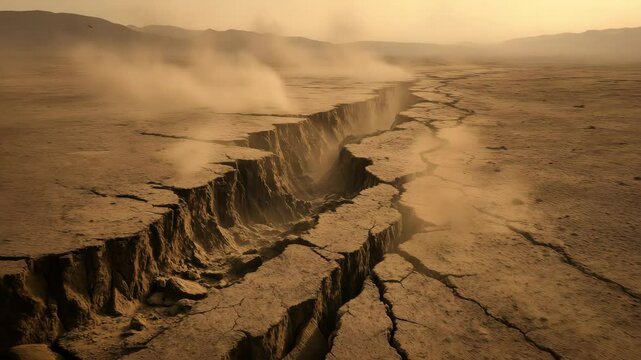 Aerial view of a vast, cracked desert landscape with dust clouds, capturing a dramatic and cinematic style, reminiscent of a video game scene. Live desktop wallpaper.