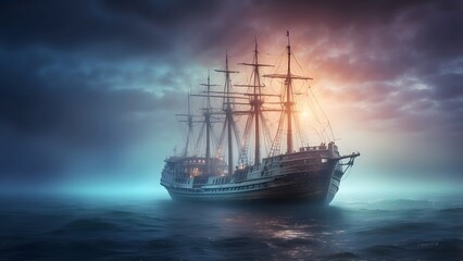 Obraz premium A ghost ship glowing with eerie light on a misty sea, fantasy and mythology desktop wallpaper backdrop, cinematic HDR vibrant theme colors, promo movie sales poster banner book cover background