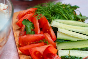 Vegetable plate with tomatoes and cucumbers, proper nutrition, nutrition