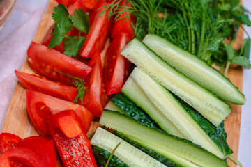 Vegetable plate with tomatoes and cucumbers, proper nutrition, nutrition