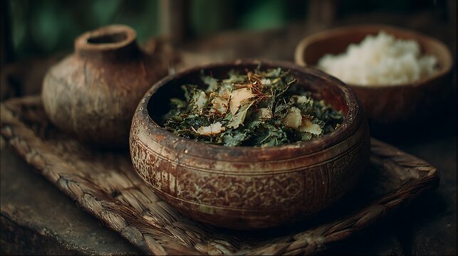 Mozambican matapa stew presented in coconut bowl
