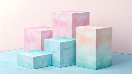 Arrangement of pastel-colored cubes featuring watercolor textures on a light blue surface with a pink backdrop
