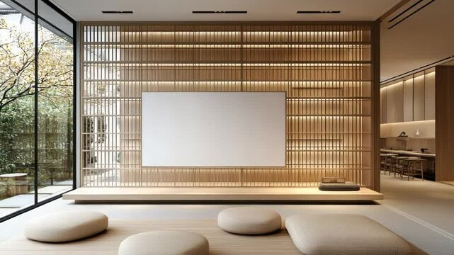 Modern Japanese-style interior with light wood paneling and floor, large windows, and zafu cushions