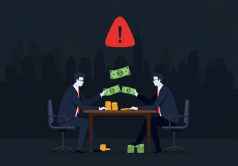 Corruption and Bribery Businessmen exchanging money under the table in a dark setting, symbolizing bribery, corruption, and unethical political deals