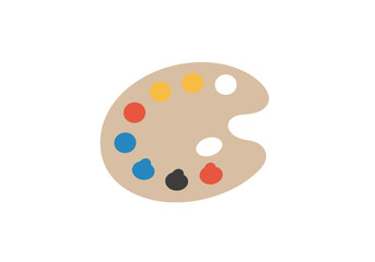 A beige artists palette holds colorful paint dots of yellow red blue black and white