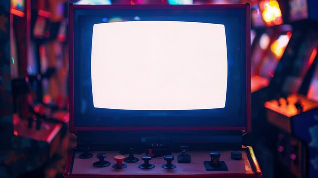Retro arcade machine with blank screen in neon-lit room