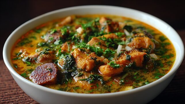 Nigerian Ogbono soup with Amala served in pot bowl