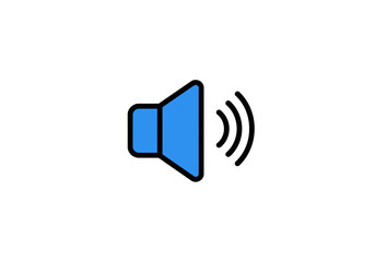 A blue speaker icon with black outlines emits curved soundwaves on a white background