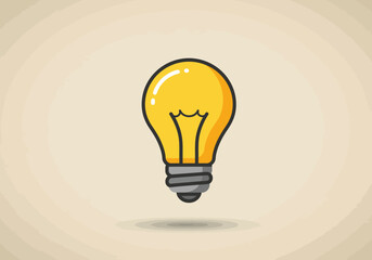 A cartoon lightbulb with a yellow bulb black filament and gray base casting a light shadow on a beige surface